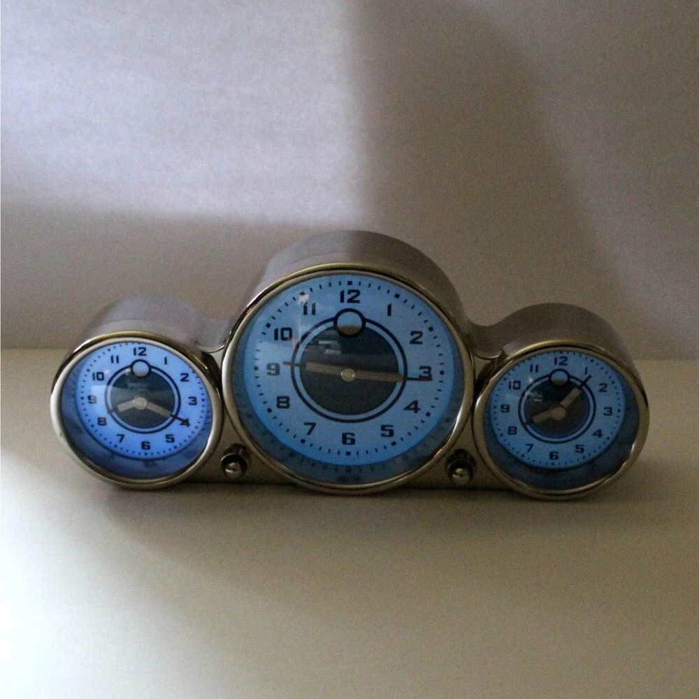 Pottery Barn Chrome 3 Time Zone Clock Blue Light retro dashboard aviator car